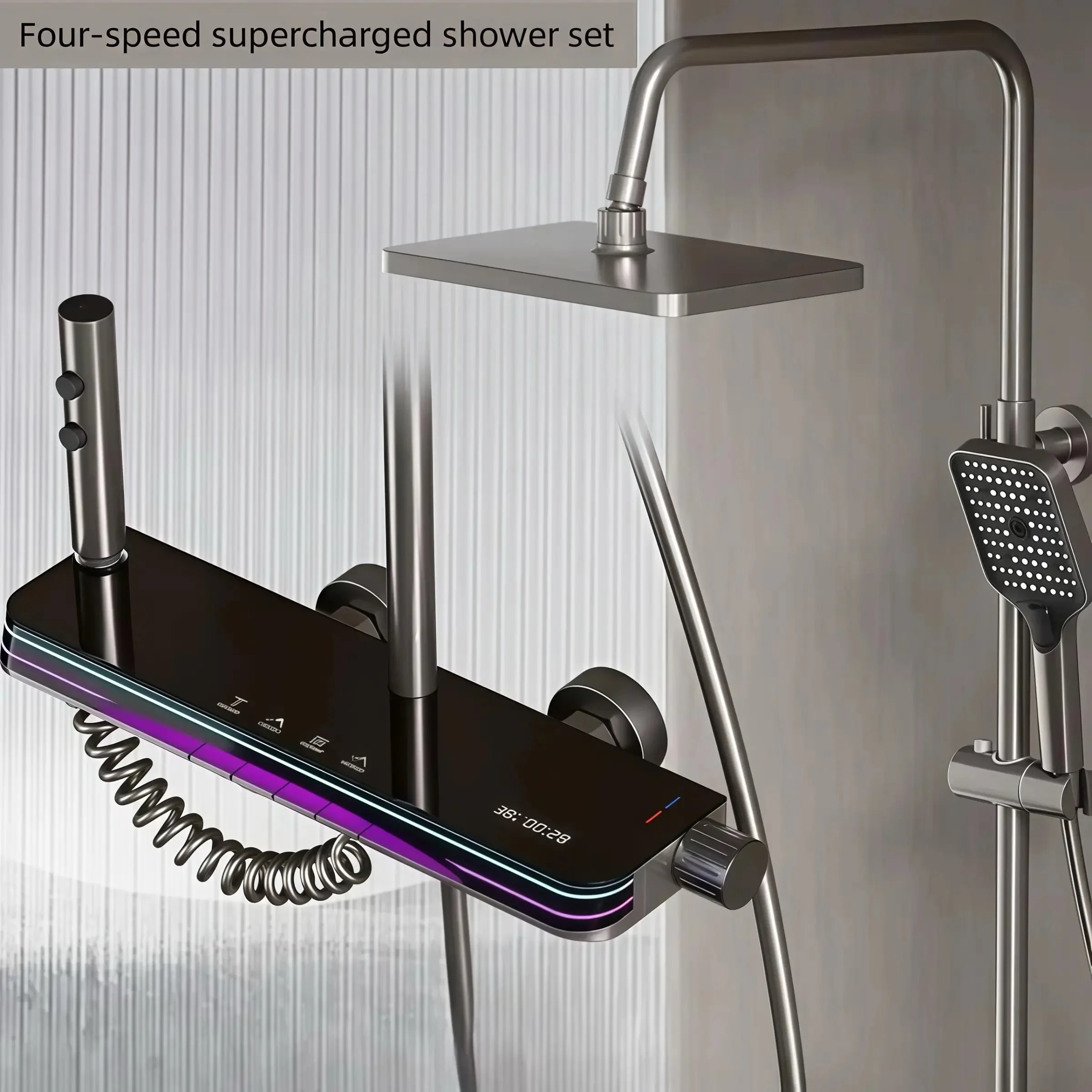 

Modern Thermostatic Shower with Digital Display, Rainfall Head & Light – High Pressure Set for Family Bathrooms