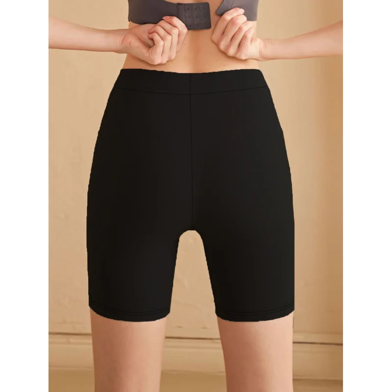  Regular Fit Solid Black Women's Shorts 2025 Elastic Waist Casual Elegant Office Daily Wear