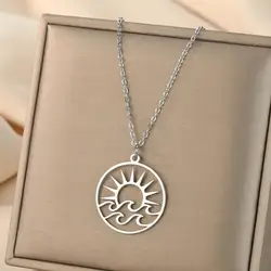 Kinitial Exquisite Fashion Earrings Openwork Sun Pendant with Waves Openwork Sun and Waves Necklace Birthday Gift for Lovers