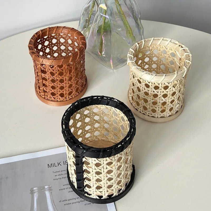 AhunderJiaz Light Luxury Hand-Woven Rattan Storage Tray Nordic Style Cosmetic Storage Basket Home Retro Decoration