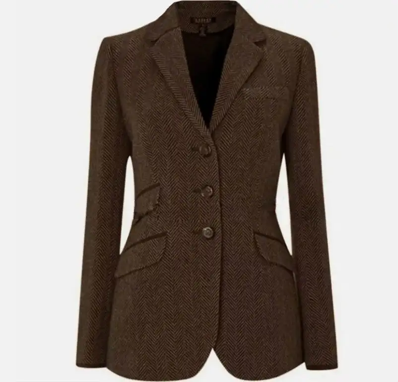 Women Vintage Herringbone Blazer Jacket Single Breasted Long Jacket Customized Casual Party Office Wear Wool Blend Coat One Pcs
