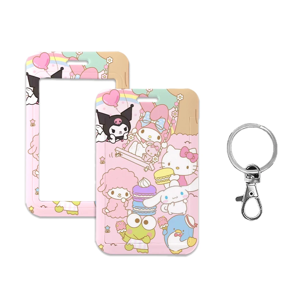 Sanrio PVC Titular do cartão com colhedores, Olá Kitty, Kuromi Melody, Kawaii Desenhos Animados, Cartão de Identificação, Caso de Proteção, Trabalho, Autocarro, Novo Conjunto