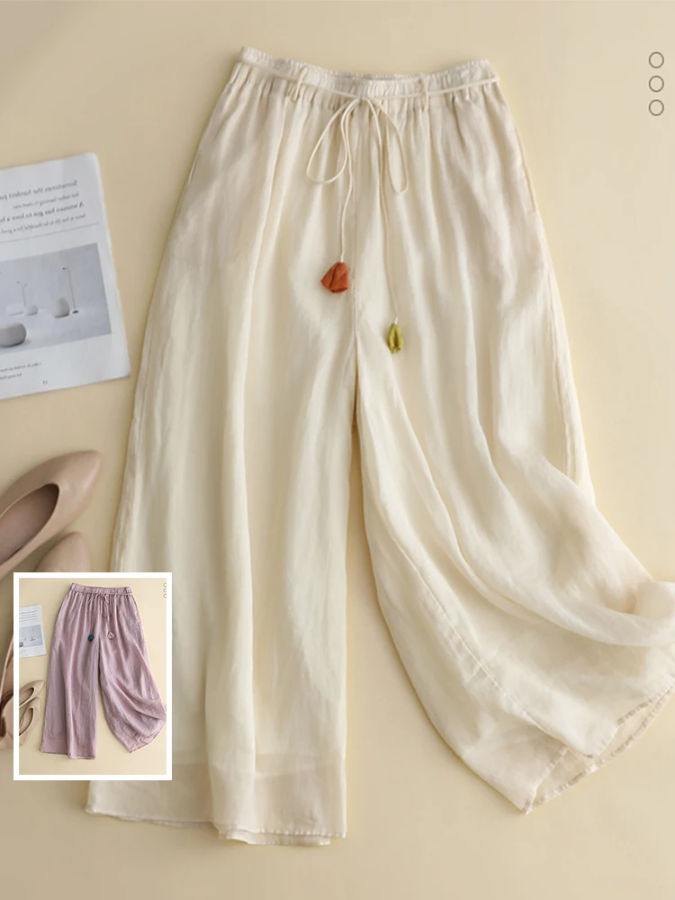 

Летняя ультра фея, льняные свободные повседневные брюки, юбка большого размера, женская мода с поясом, эластичной резинкой на талии, драпированная прямая штанина...