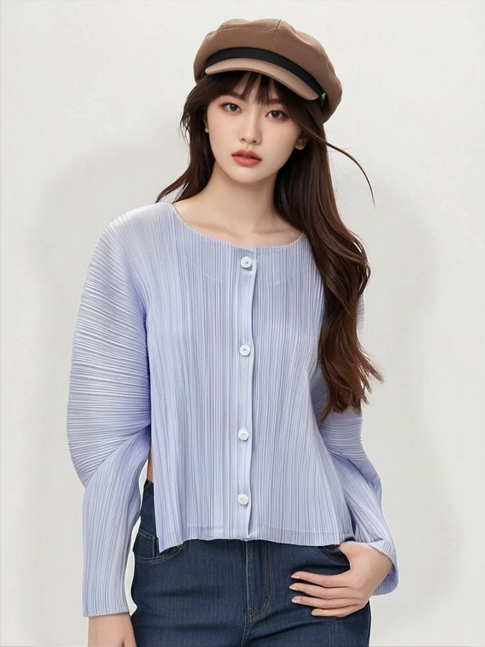 

Miyake Fold 2025 Spring/Autumn New Solid Color Short Coat Round Neck Cardigan Long Sleeve Fashion Versatile Women's Wear