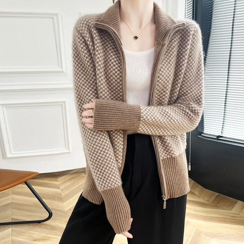 Mode Frauen 100 % Merinowolle Mode Stehkragen Reißverschluss Strickjacke Lange Ärmel Kaschmir Weiche Warme Kleidung Top