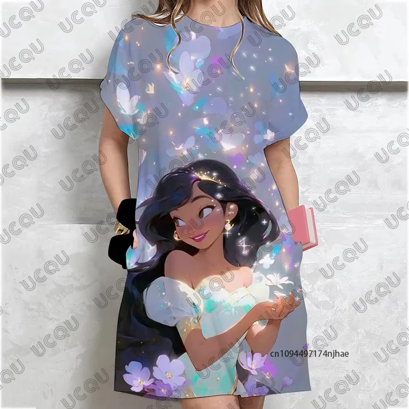 MINISO لطيف الكرتون ديزني الأميرة طباعة فساتين للنساء الصيف تي شيرتات قصيرة الاكمام فستان حفلة فستان موضة غير رسمية #2