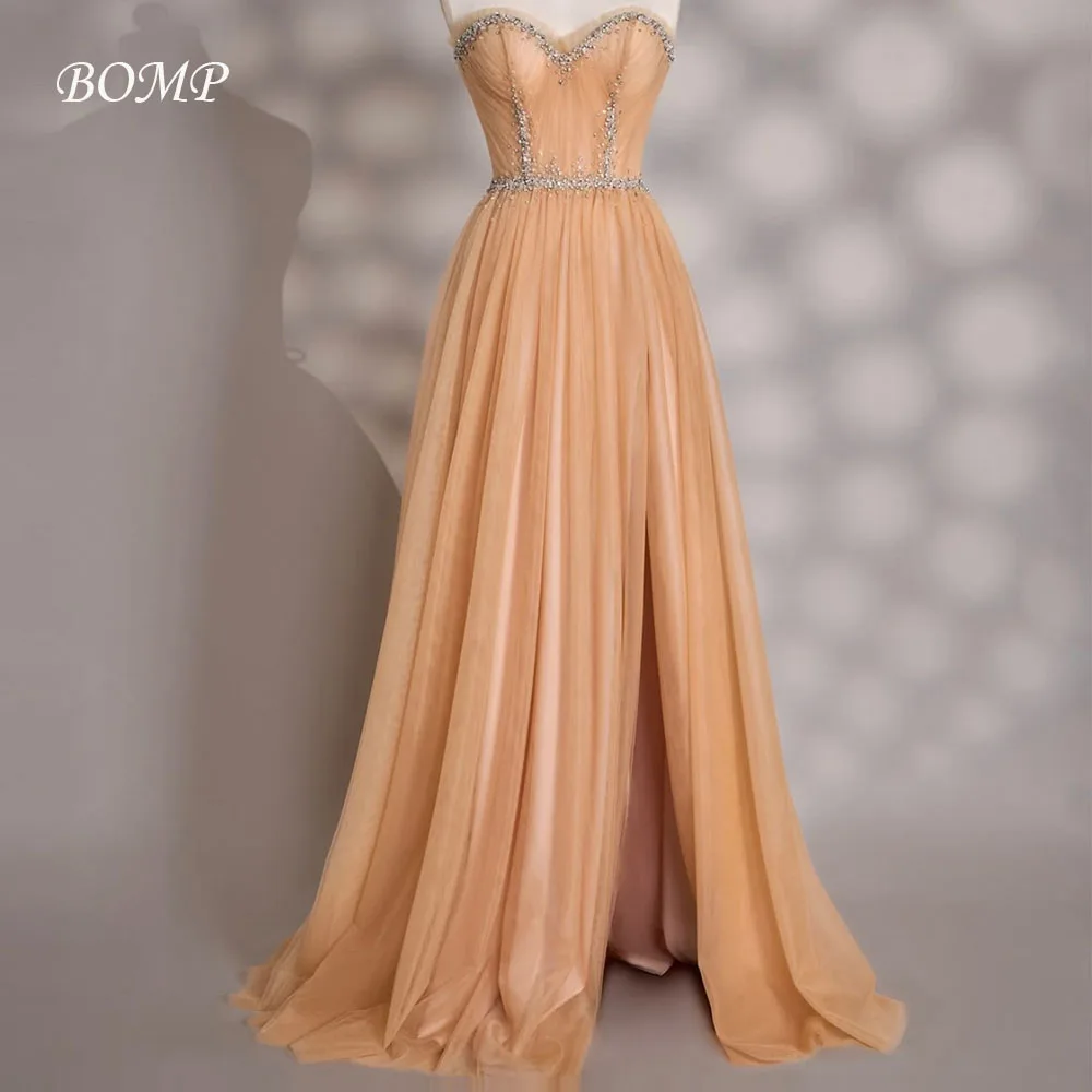 BOMP Elegantes Champagner Abendkleid Schatz Kristall High Split Saudi Dubai Frau Abendkleid Hochzeit Party Kleider Angepasst