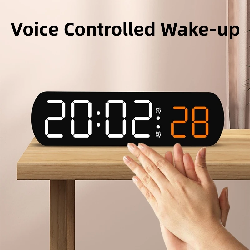 음성 제어 디지털 알람 타이머 시계, 온도 듀얼 알람, 탁상 시계, 야간 모드, 12 H, 24H LED 탁상 시계