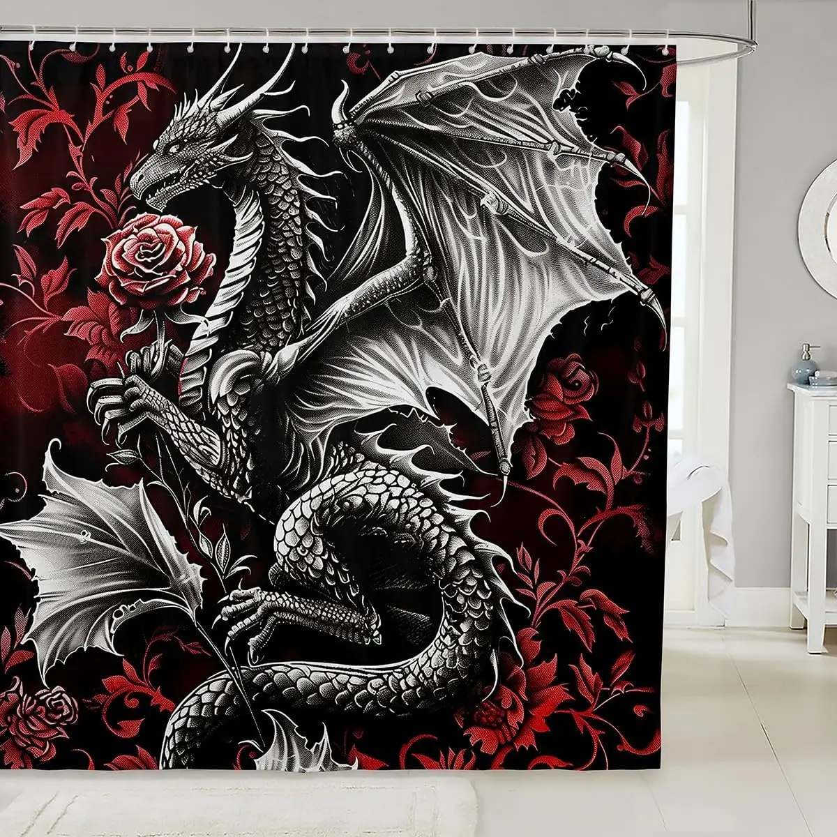 Dramatic Dragon and Roses Gothic Shower Curtain Red Black Waterproof Bathroom Wall Decor Art Print 72x72 Inches