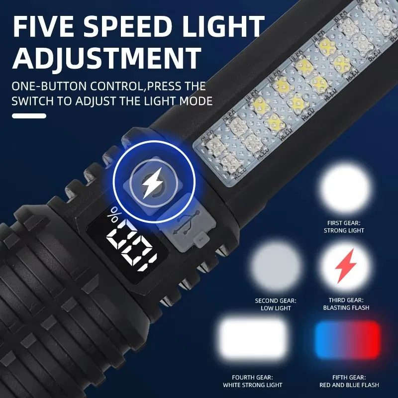 High Power LED Flashlight Powerful TYPE-C Rechargeable COB Flashlight With Side Light Torch For Outdoor Camping Hiking