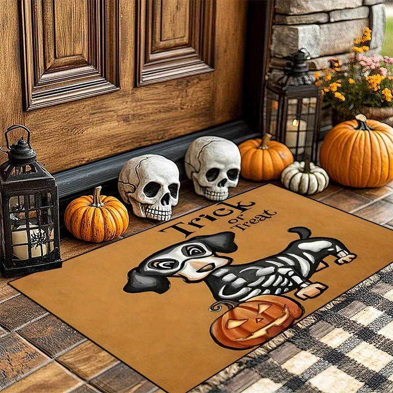 VIKAMA Halloween Doormat Skeleton Dachshund Jack O Lantern Trick Or Treat Pattern Non Slip Front Entryway Decor Floor Mat