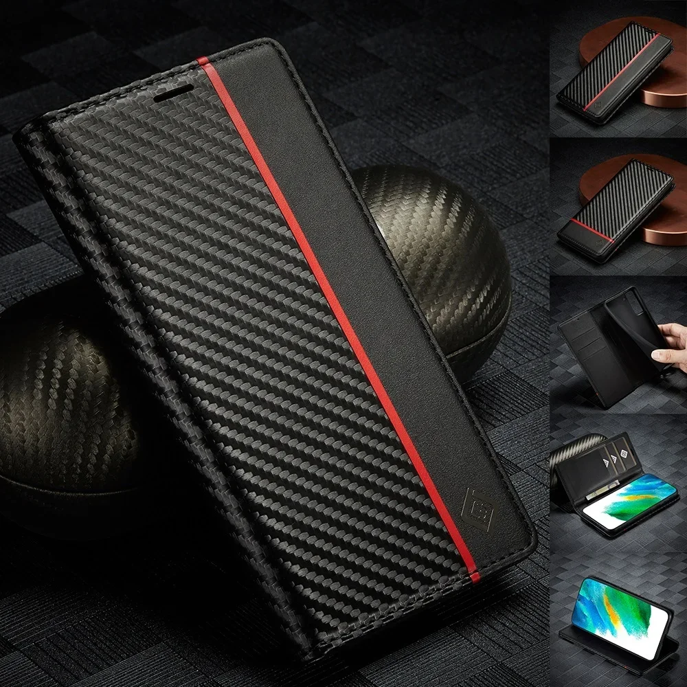 Leather Case for Samsung Glaxy S24 S23 S22 S21 S20 Ultra FE S10 S9 S8 Plus Flip Cover A14 A53 A33 A13 A52s A04s Carbon Pattern