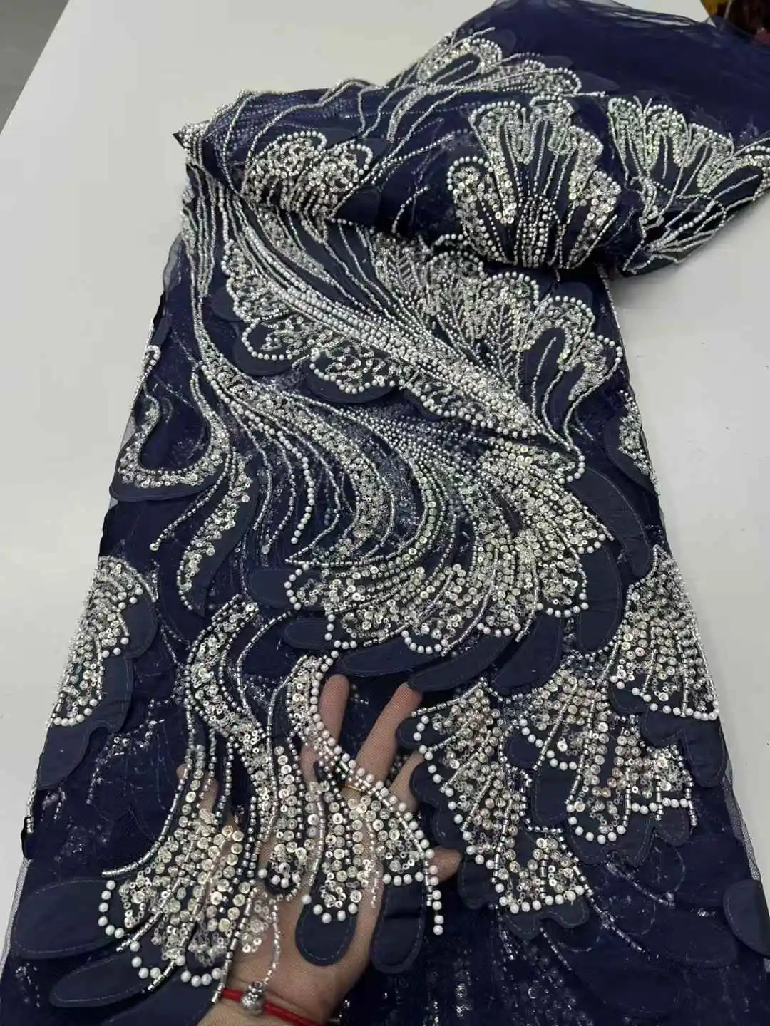 

Luxury Unique African Lace Fabric 2025 Sequins Beaded Embroidery Groom Nigerian Bridal High Quality French Tulle Lace ZX-63007