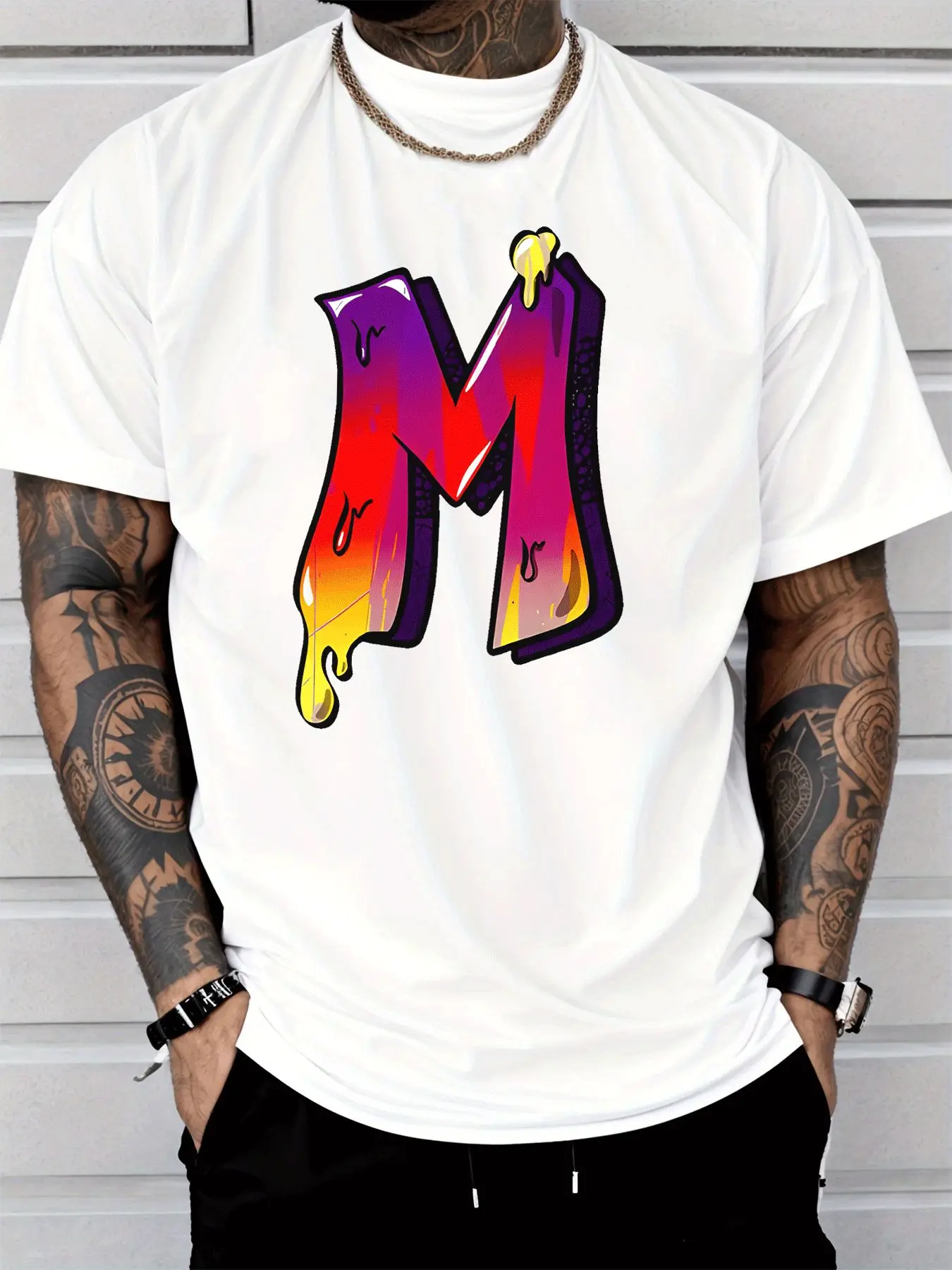 Gradient Dripping Letter M Graffiti Mens Front Print T Shirt Street Art Graphic Tee Casual Short Sleeve Top Streetwear Fan Gift