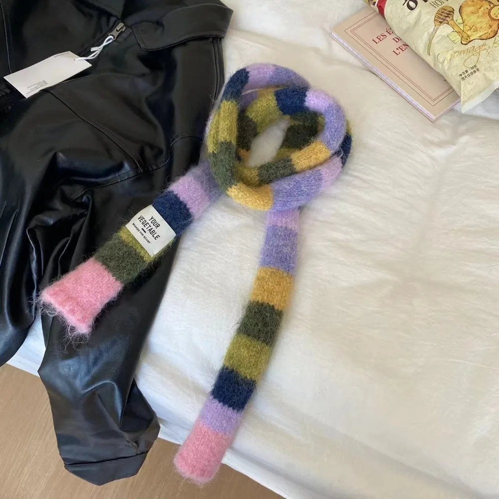 Fashion Y2K Striped Scarf Knitted Wool With Warm Color Splicing Contrast Long Narrow Scarves Rainbow Color Scarf Winter