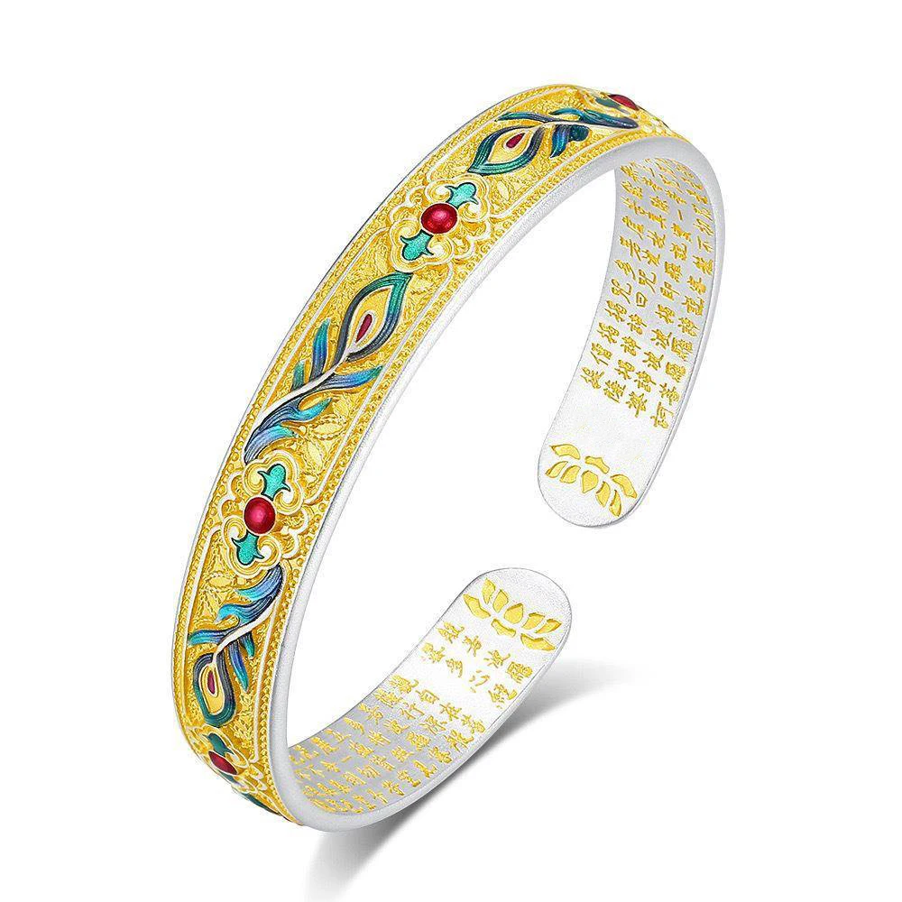 الفضة 925 شيونغسام أساور رائعة النمط الصيني الرجعية فينيكس ريشة الملونة المينا أساور للنساء مجوهرات قابل للتعديل