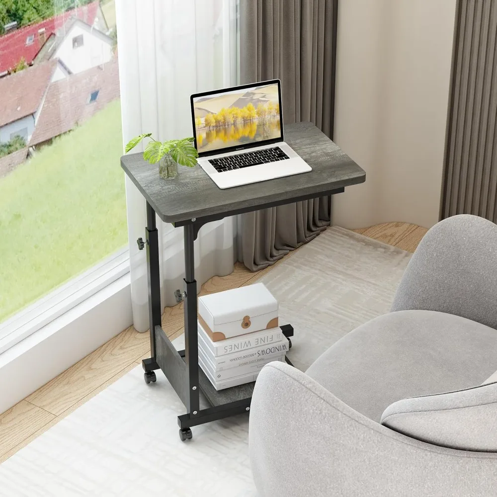 Adjustable Height C Table with Wheels, Mobile Bedside Desk for Laptop and Home Use, Gray