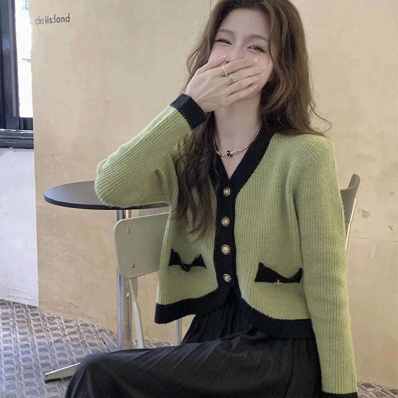 Olive een Cardigan lavorato a maglia in colore a contrasto e cinturino Dr Set Faion da donna Autunno Inverno Set in due pezzi a vita alta Lungo S...