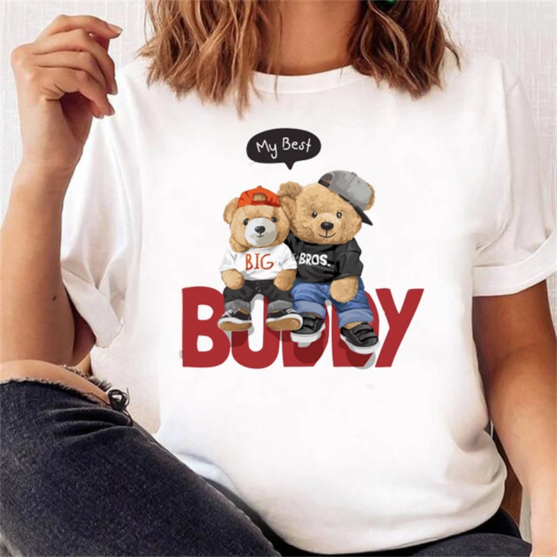 DEAR BEAR Cute Printing Design Woman Summer T Shirt Oversized Short Sleeve Comfort Female Tee Gift Graphic White Girl Clothes