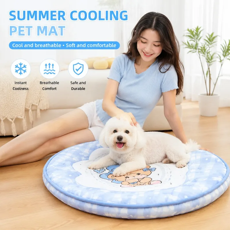 Round Diameter 50cm Summer Reusable Cartoon Pet Cooling Pads for Cat and Dog Travel Pet Cooling Mat Dog Bed Cooling Sleeping Mat