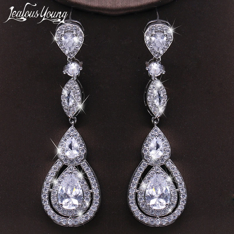 Elegant Fashion Cubic Zirconia Crystal Bridal Long Earrings Luxury Wedding Jewelry for Brides