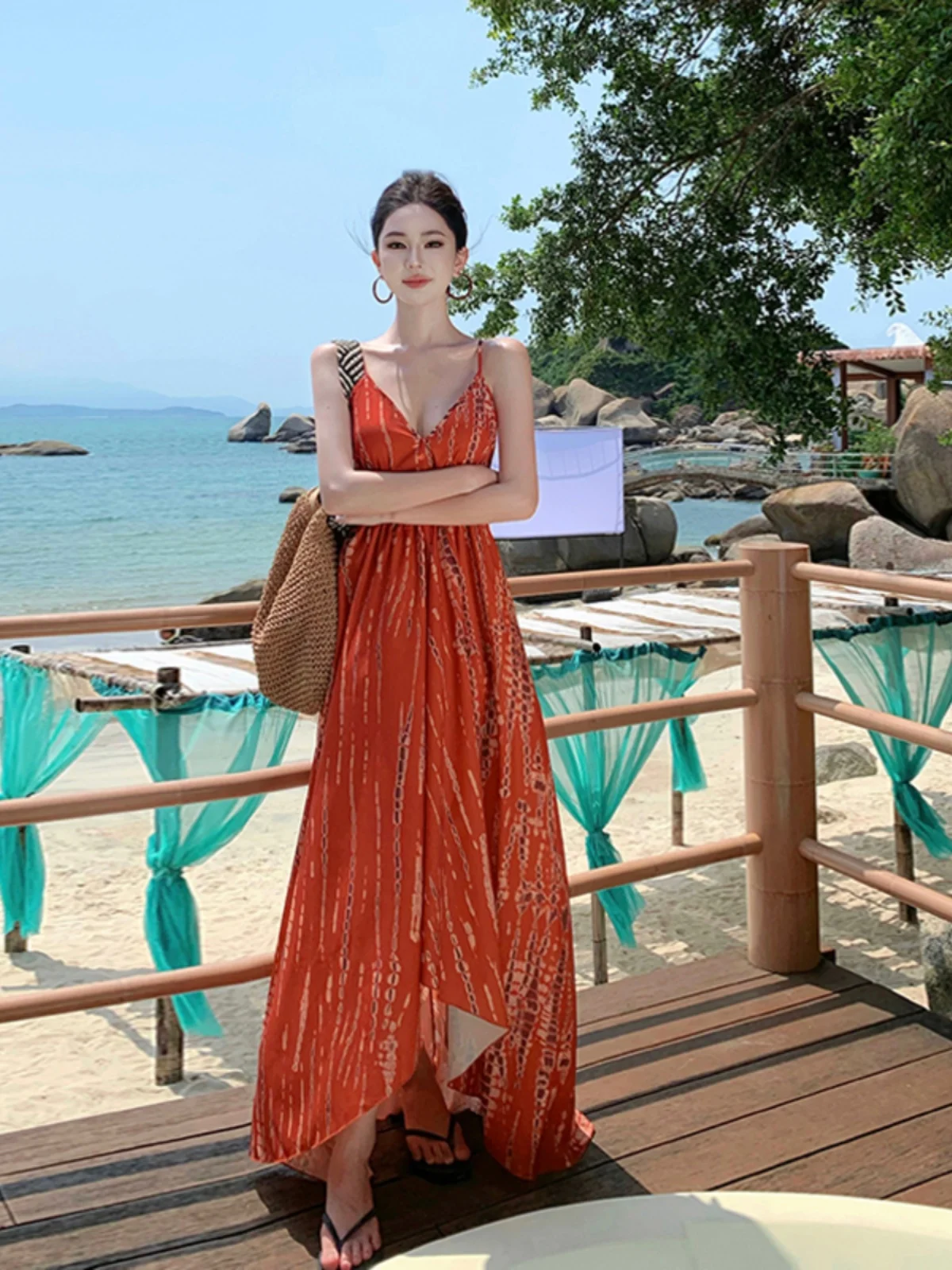 Thailand Travel Wear Sanya Temperament Beach Long dress Seaside Vacation Backless Sling Dress Bohemian Sle