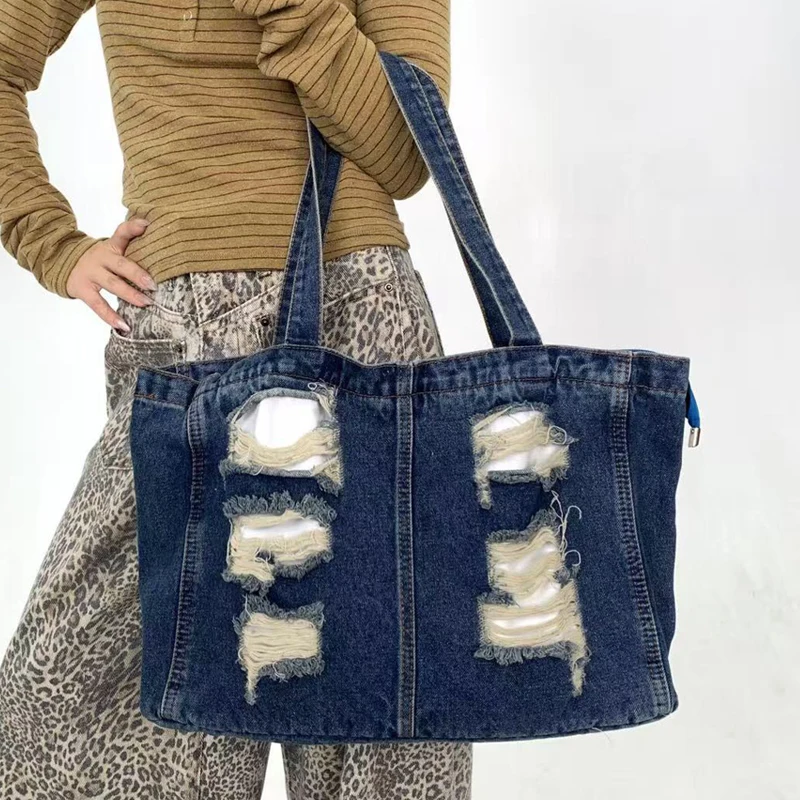 

Повседневные джинсовые сумки-тоуты для женщин: дизайнерские люксовые сумки и клатчи 2026 года, новинка в винтажном стиле, большая вместимость, на плечо/подмышку