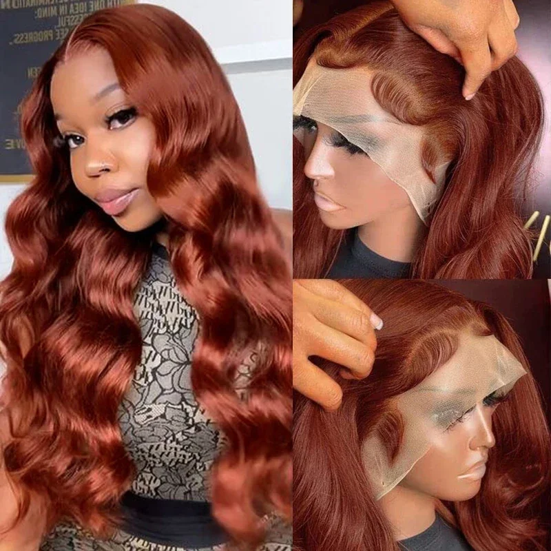 

180% Красновато-коричневый 13x6 Парик с объемной волной на кружеве Бесклеевой парик Готов к ношению Парики из натуральных волос на кружеве для женщин Предварительно сорванные