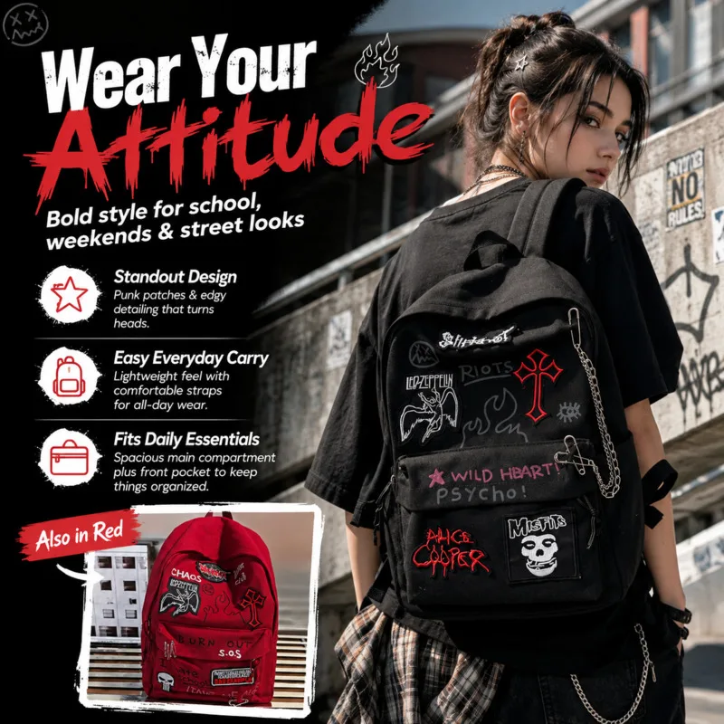 

Punk Rock Style Large Capacity Black Waterproof Canvas Backpack For College Students Rock Fans Daily Travel Back To School Gift