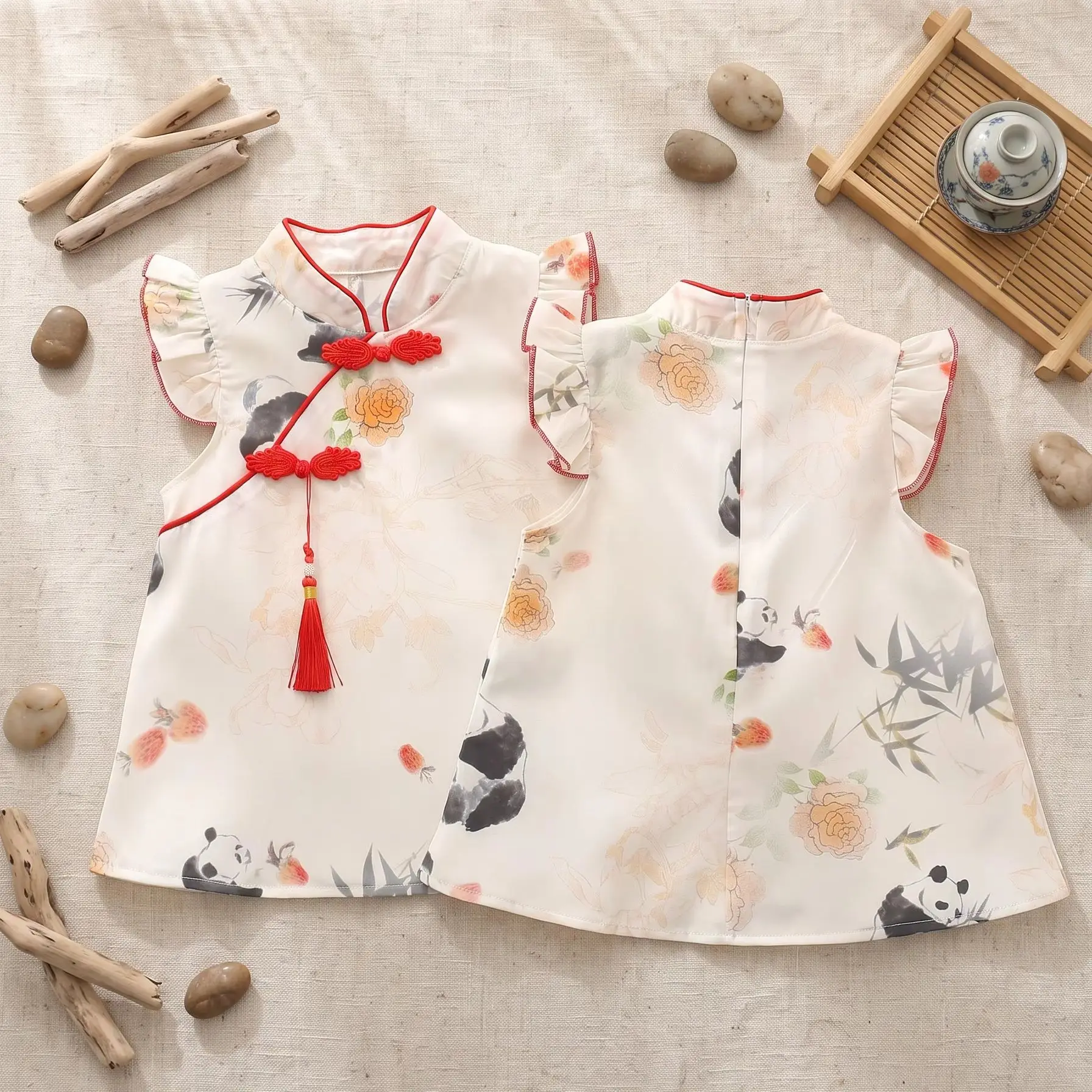 0-3 Jahre chinesischen Stil Kinder Cheongsam Retro Baby Mädchen Panda Kleider Kinder Tuschemalerei Kostüm Neugeborenen bequemes Outfit