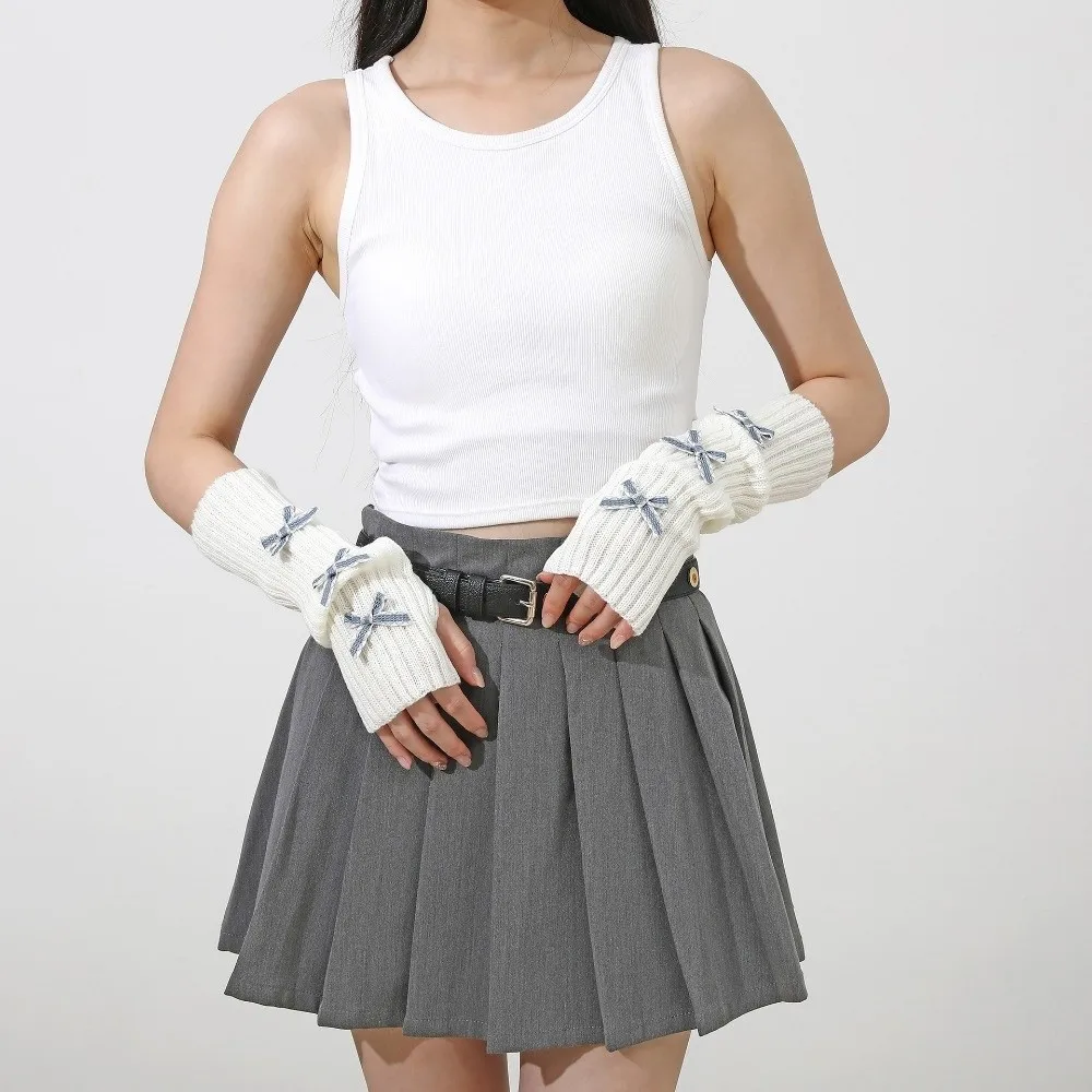Fashion Thicken Bow Arm Warmers Soft Knitted Long Knit Y2K Fingerless Gloves Sweet Bowknot Sleeve Cover Autumn
