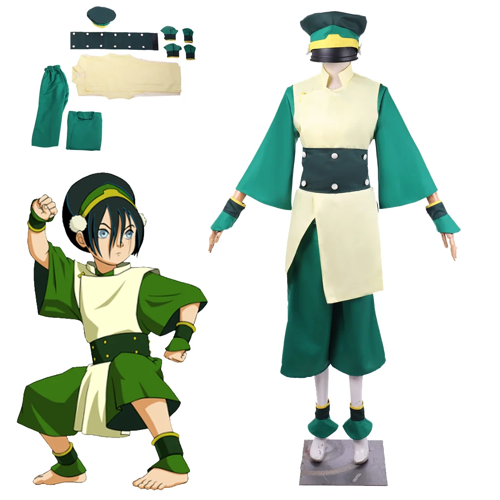 

Последний Airbender Toph Beifong Косплей Костюм Девушка Зеленый Тренировочный Костюм Шляпа Полный Хэллоуин Карнавальный Ночной Костюм