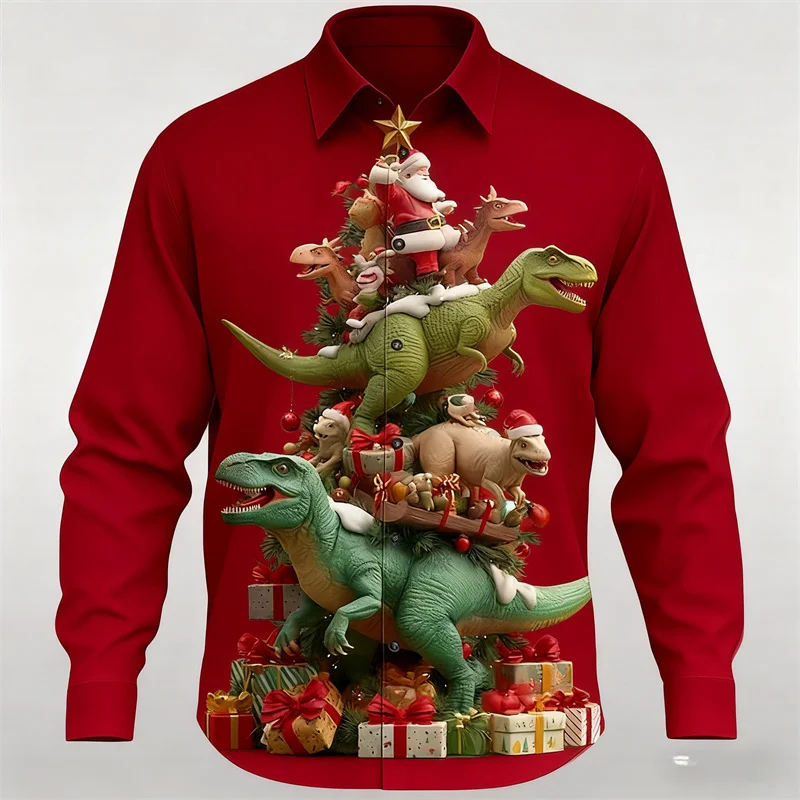 Men's long-sleeved shirt, Christmas shirt, 3D high-definition printed dinosaur Christmas tree (pattern), casual party wear
