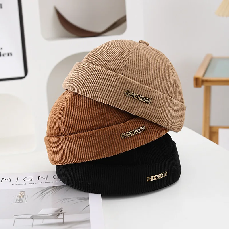 NewUnisex Cord Einfarbig Brimless Caps für Männer Frauen Street Hip Hop Hüte Retro Beanie Docker Caps Einstellbare Kuppel Hüte – Detail 4