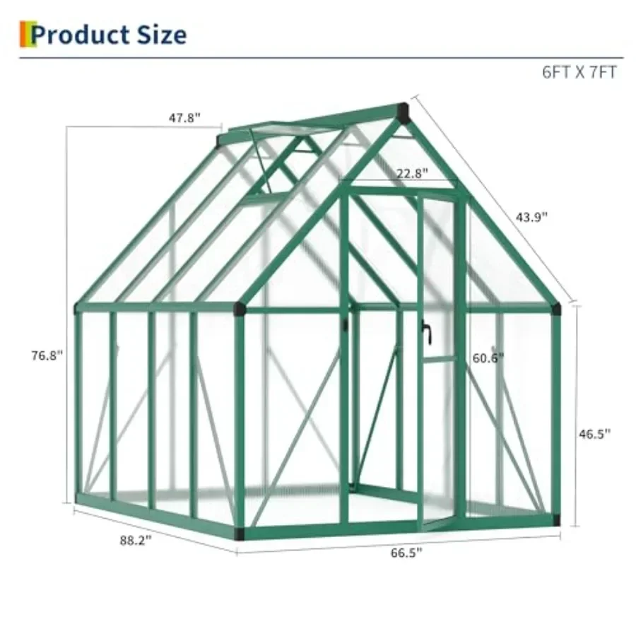 Feet House for Outdoors, Lockable Door and Ajustable Roof Vent, Polycarbonate House with Water Gutter System, Aluminum Walk-in