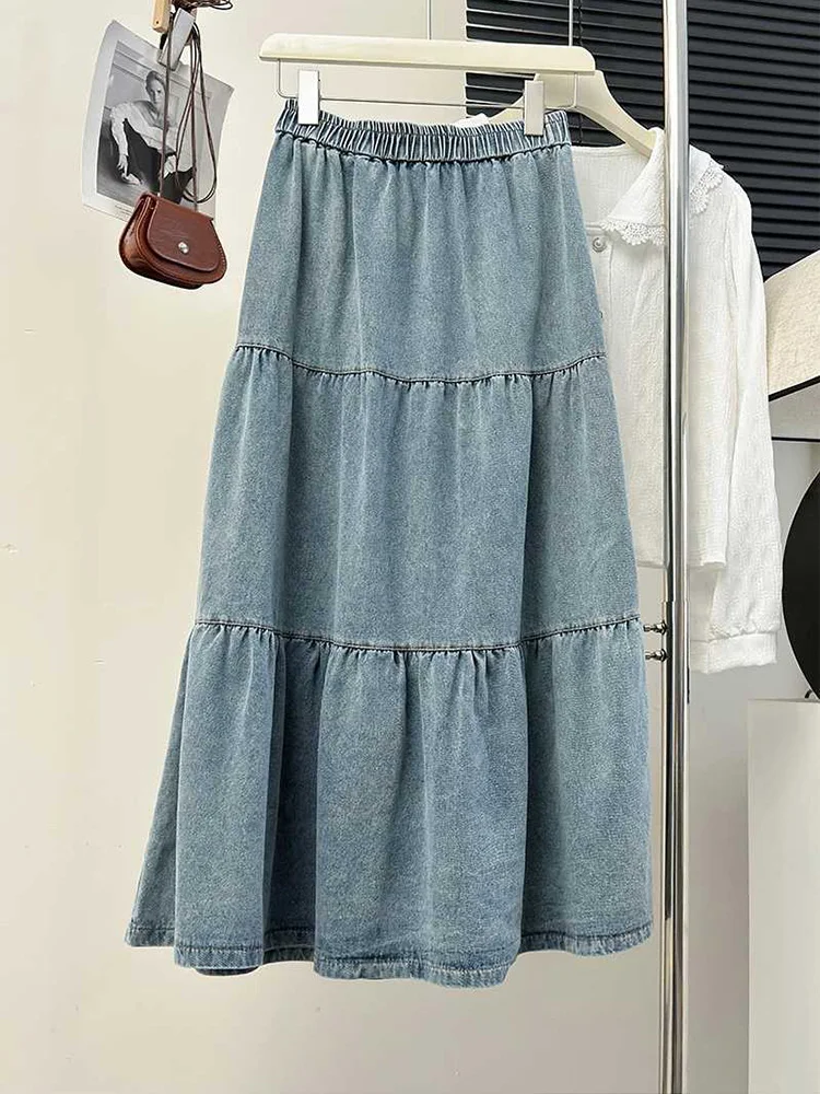 Retro spódniczki dżinsowe z elastyczną talią dla kobiet 2023 nowa wysoka wyszczuplająca talia pół spódnica moda letnia spódnica trapezowa