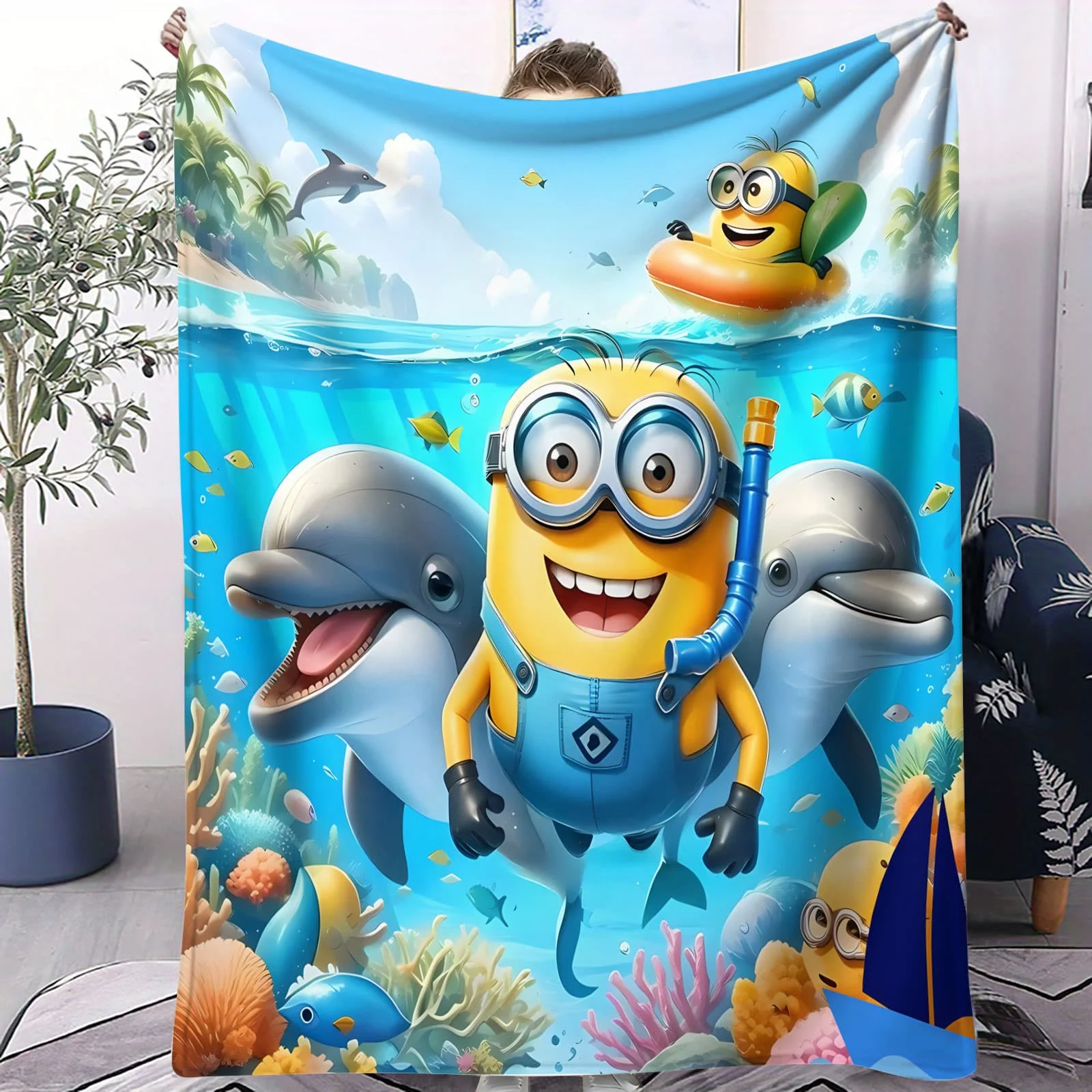 

Minions Christmas Tree Decor Air Conditioning Blanket Festive Cartoon Pattern Nap Blanket for Living Room & Couch, Decor Blanket