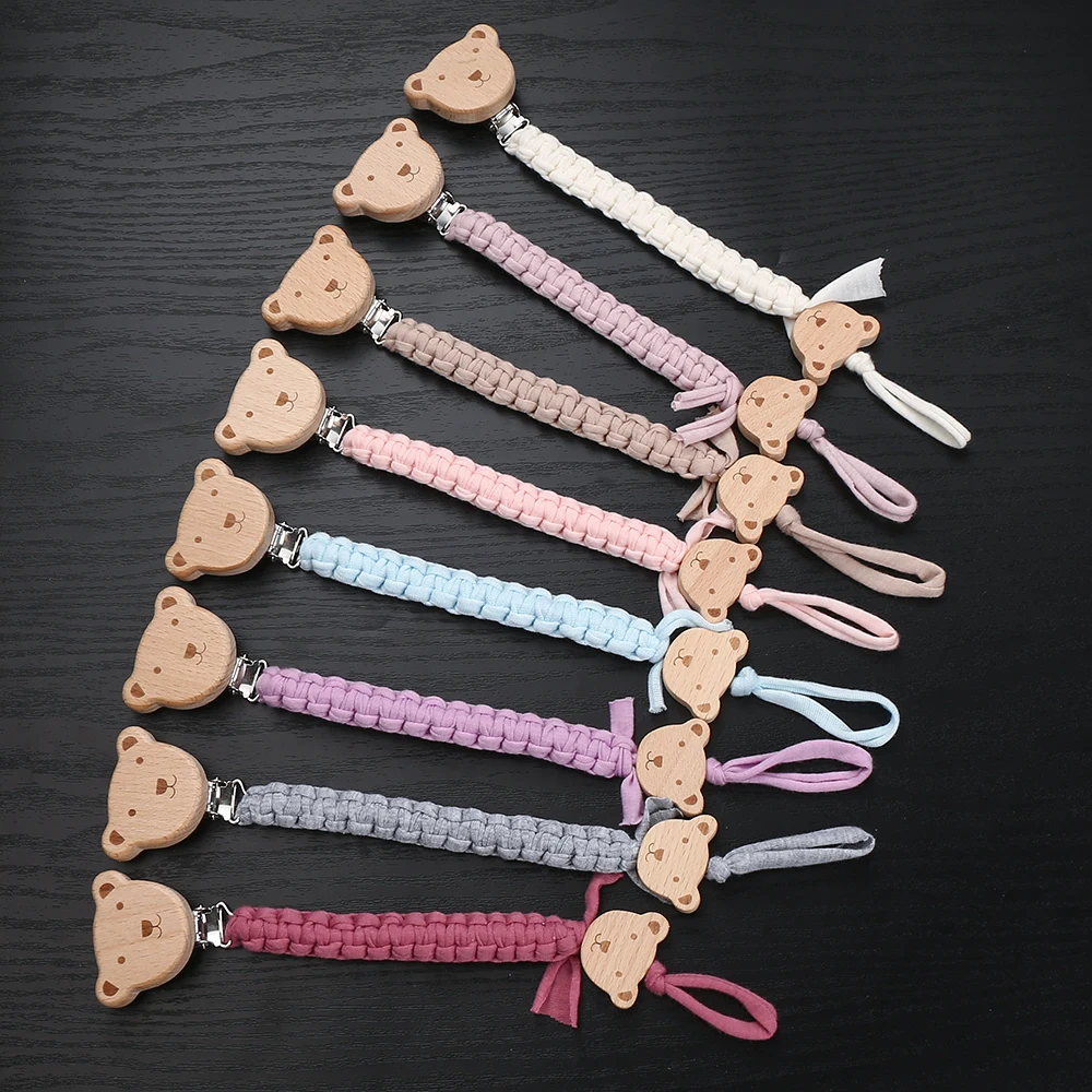 Baby Pacifier Chain Beech Wood Animal Nipple Clips Weave Cotton Rope For Infant Soother Dummy Holder Chain Nursing Chew Toys