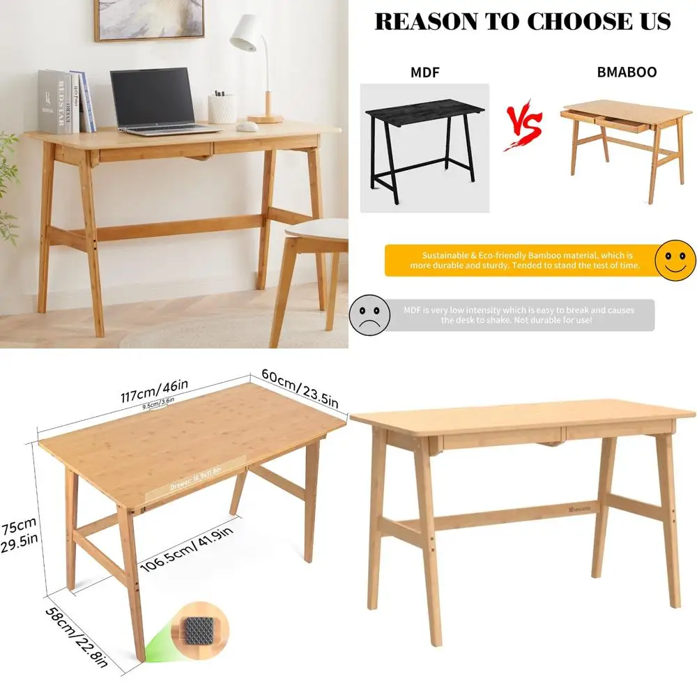 

Bamboo 46 Writing Desk with 2 Drawers, Modern Simple Home Office Study Makeup Workstation