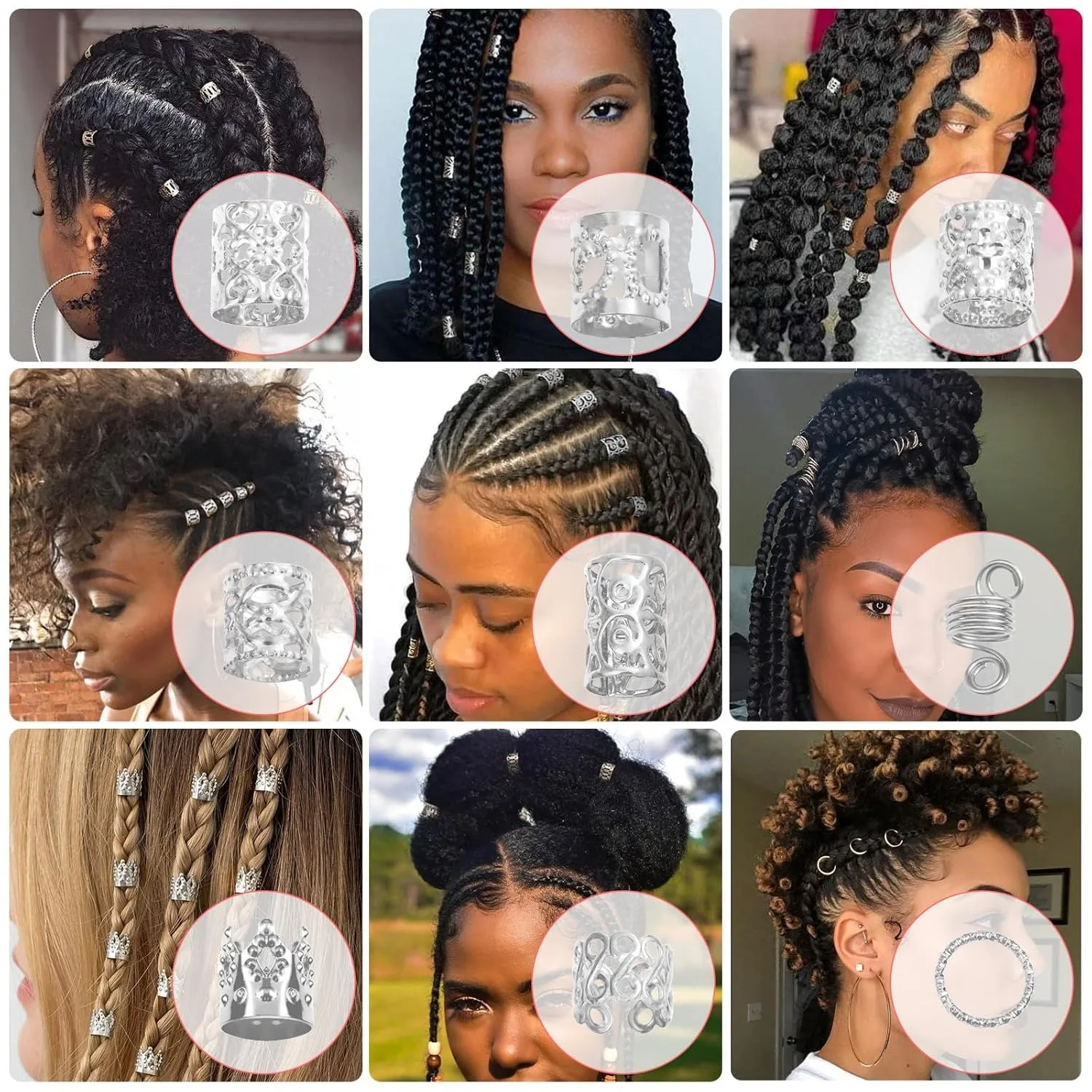 220Pcs Silver Hair Jewelry Metal Silver Braids Rings Cuffs Clips for Dreadlock Accessories Hair Braids Jewelry Decorations