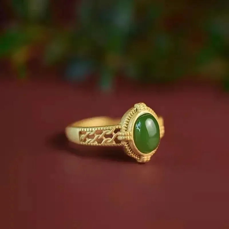 Natural Green Hand Carved Egg Faced Jade Ring Fashion Boutique Men's and Women's Ring Gift Opening Adjustable