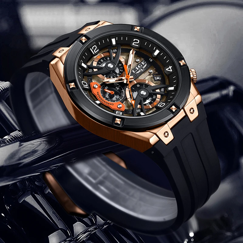 ساعات LIGE مقاومة للماء للرجال، ساعة يد رياضية عسكرية عصرية للرجال من أفضل العلامات التجارية الفاخرة باللون الأسود من السيليكون كرونوغراف كوارتز