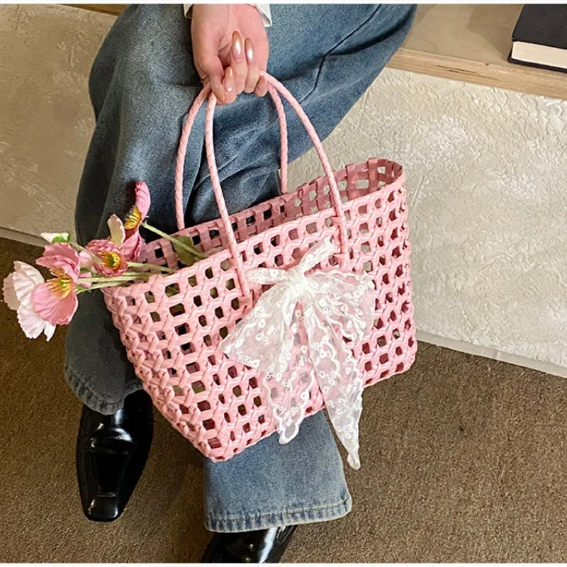 Koreanische Hohlgeflochtene Schleifen-Handtasche, Süße Einfarbige Gemüsekorb-Tasche, Lässige Vielseitige Schultertasche mit Großer Kapazität, Neu – Detail 12