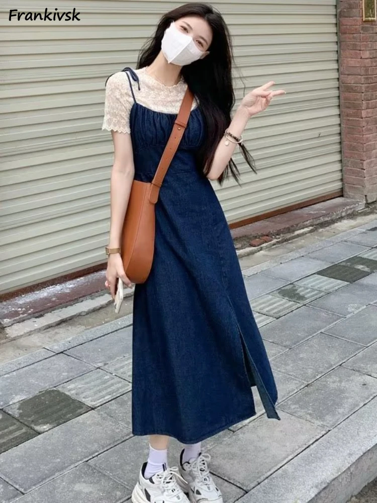 A-line Dresses Women Hotsweet Side-slit All-match Streetwear Korean Style High Waist Denin Harajuku Fashion Casual Summer Simple