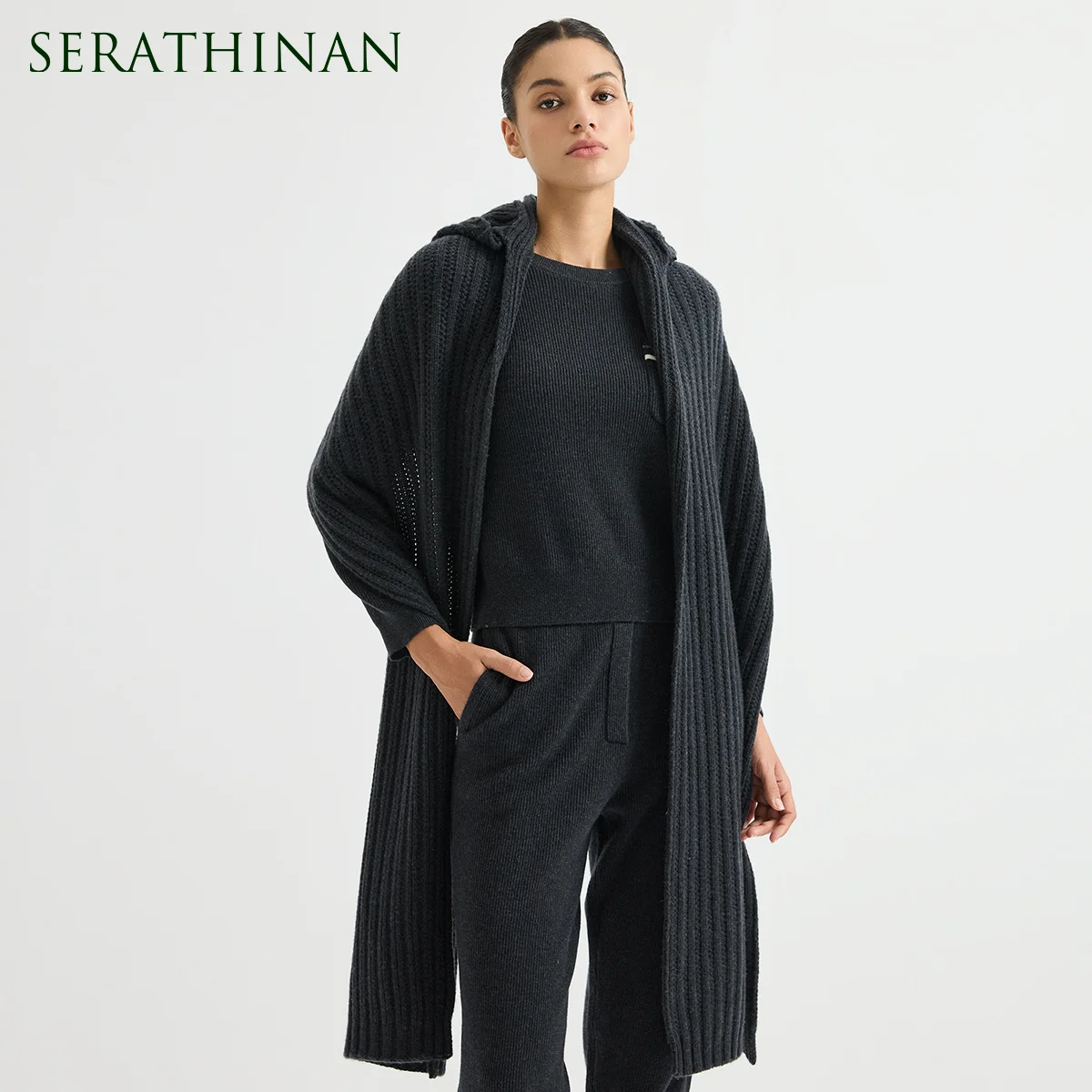 BY4621743 Women's 100% Wool Knit Hooded Scarf Wrap Chunky Ribbed Shawl Cape Longline Oversized Poncho Quiet Luxury Early Autumn