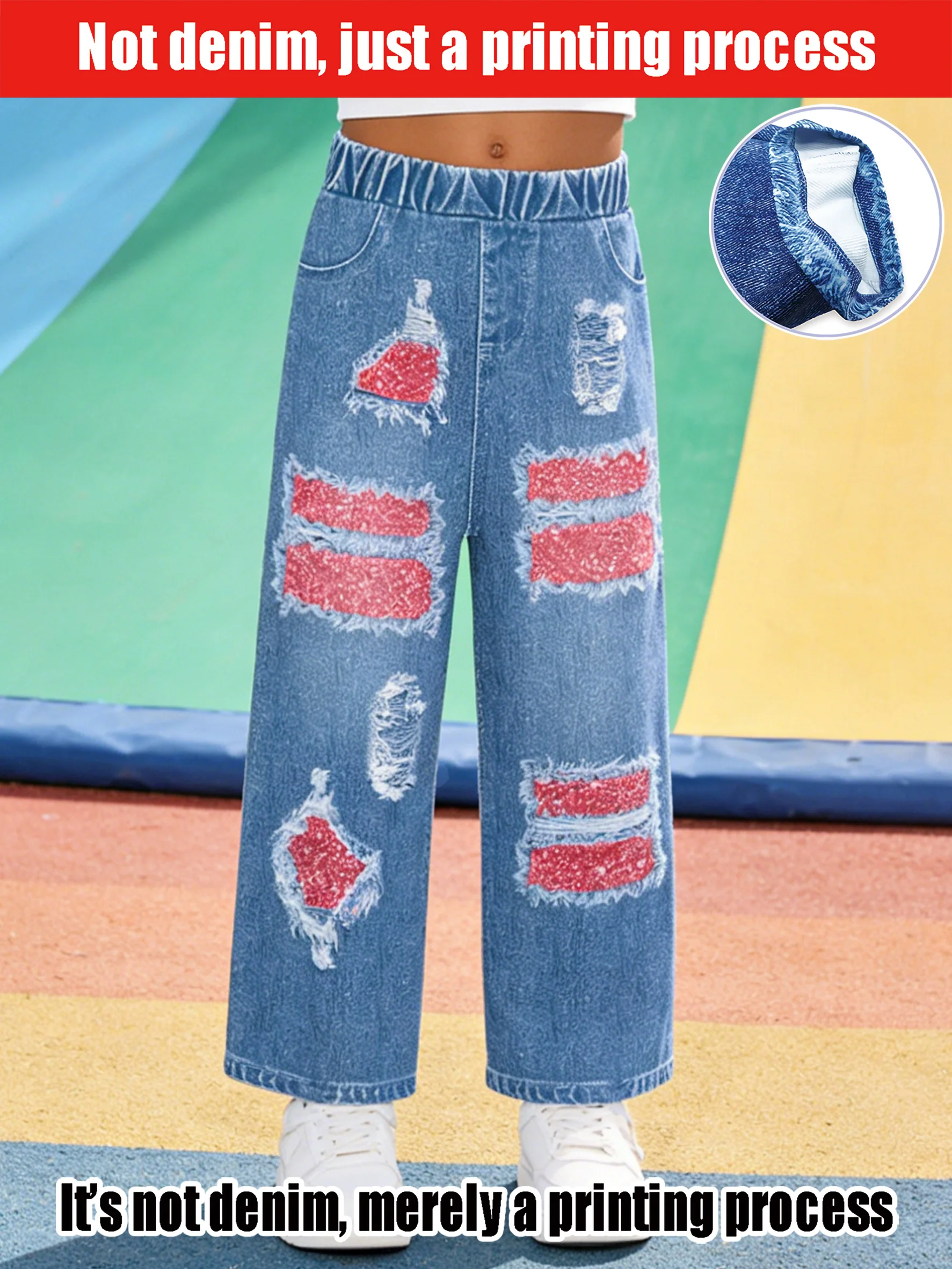 

2026 children's light blue imitation denim elastic waist wide-leg pants, old holes + red sequins