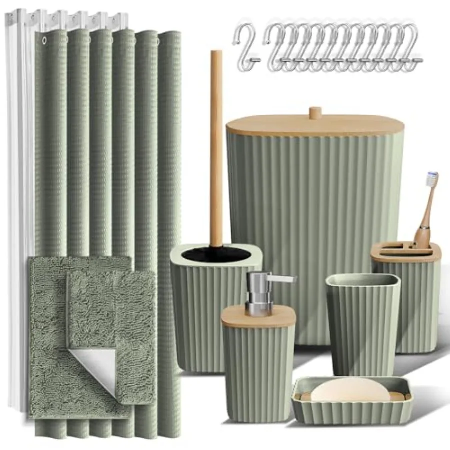 

Bathroom Accessories Set - Bathroom Set, Bathroom Sets with Shower Curtain and Rugs, Shower Curtain Set with Trah Can - Light S