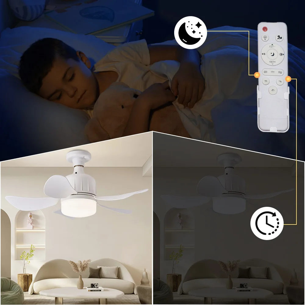 E27 Socket Ceiling Fan Lamp Detachable 5 Blades 3 Speed Adjustable Timing Remote Led Bulb Fan For Living Room Kitchen Study