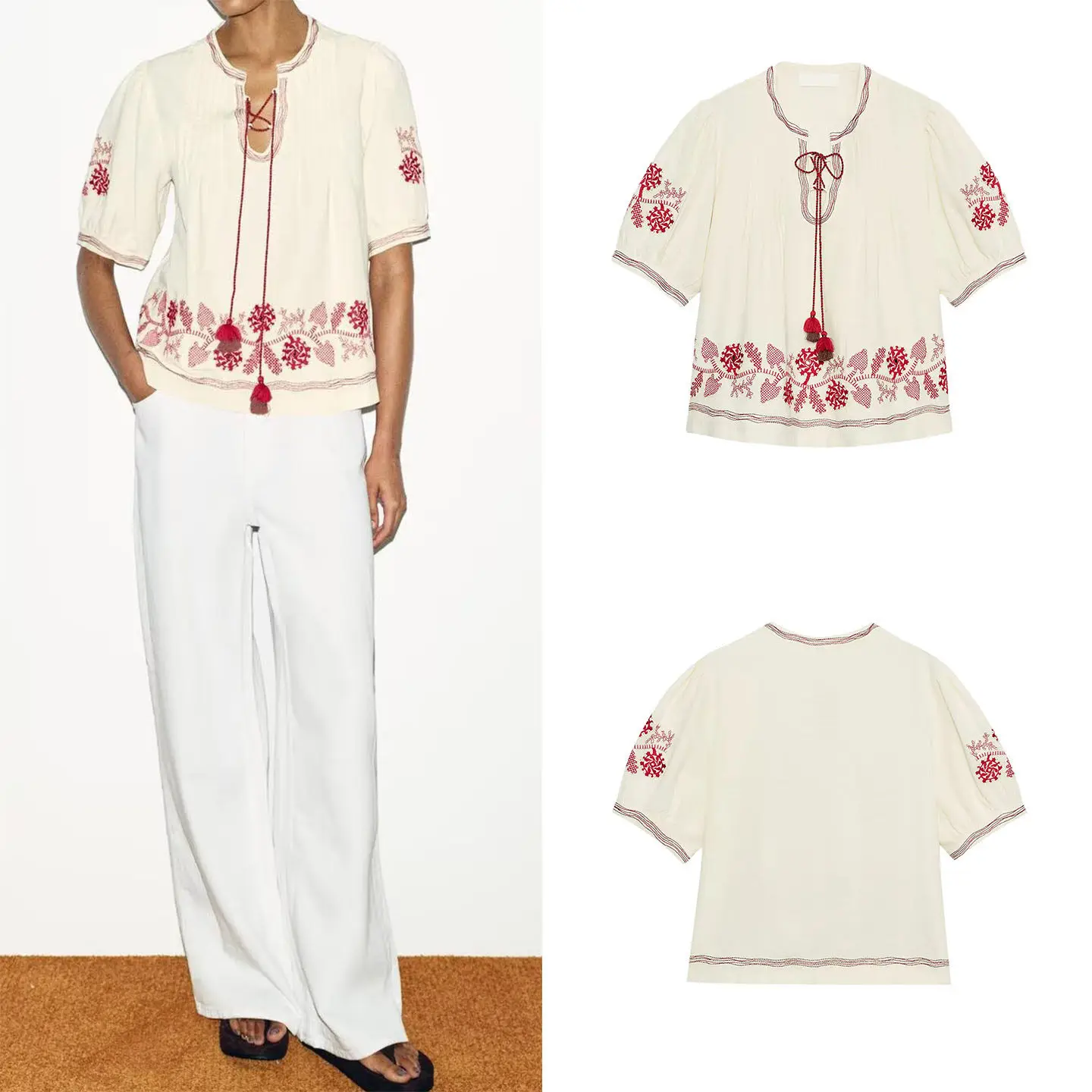 

Fashionable Embroidered Tassel Short Sleeve round Neck Shirt Women's Summer Clothing 2026 New Arrival ZADATA Ladies Shirt