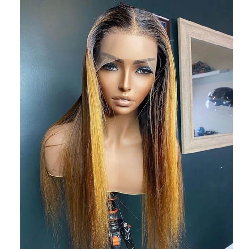 Soft 180Density 26Inch Ombre Blonde Silky Straight Long Lace Front Wig For Women With Baby Hair Preplucked Daily Glueless